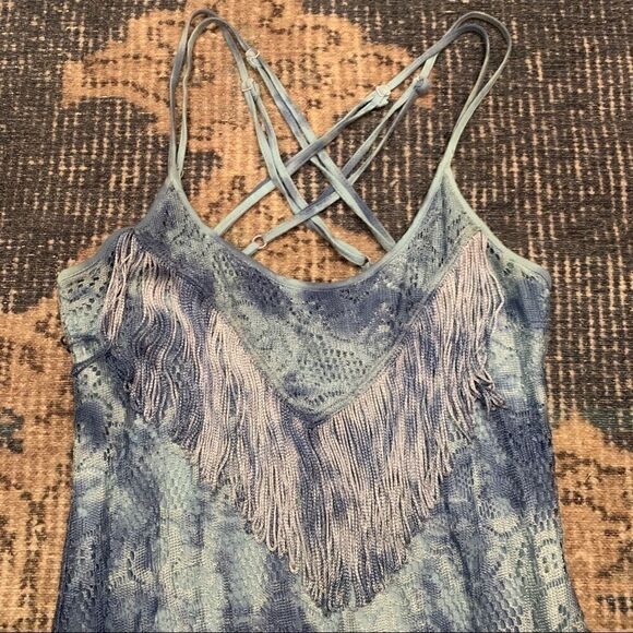 Free People light blue tie dye to ombre black lace cami with fringe accents 2 - Picture 3 of 16